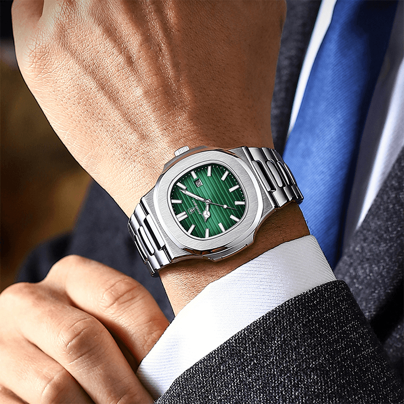 Men’s Luxury Square Quartz Watch - 2024 Model, Waterproof Stainless Steel Design with Luminous Dial and Date Display.
