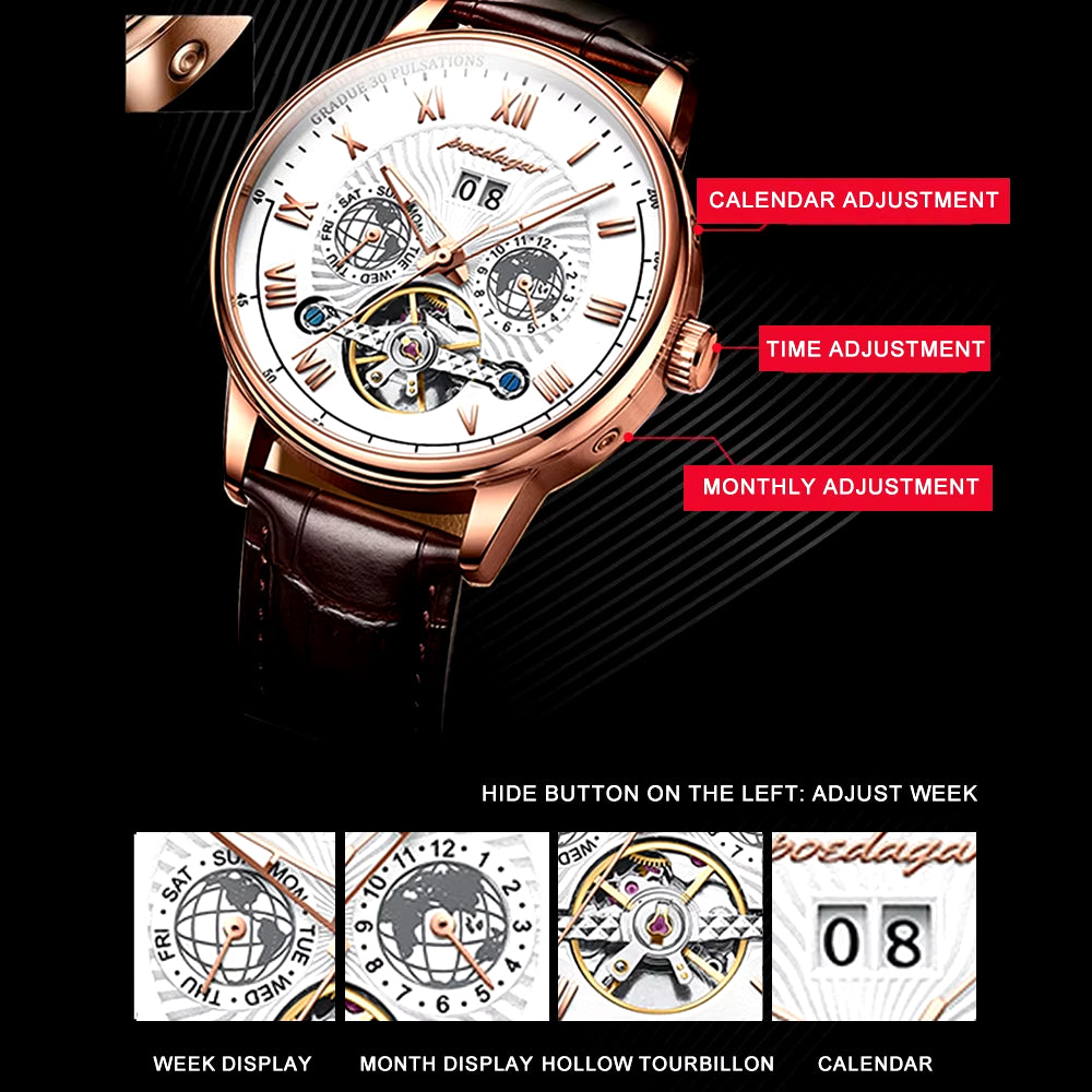 Men’s Luxury Automatic Mechanical Watch – Leather, Waterproof, with Date & Week Display