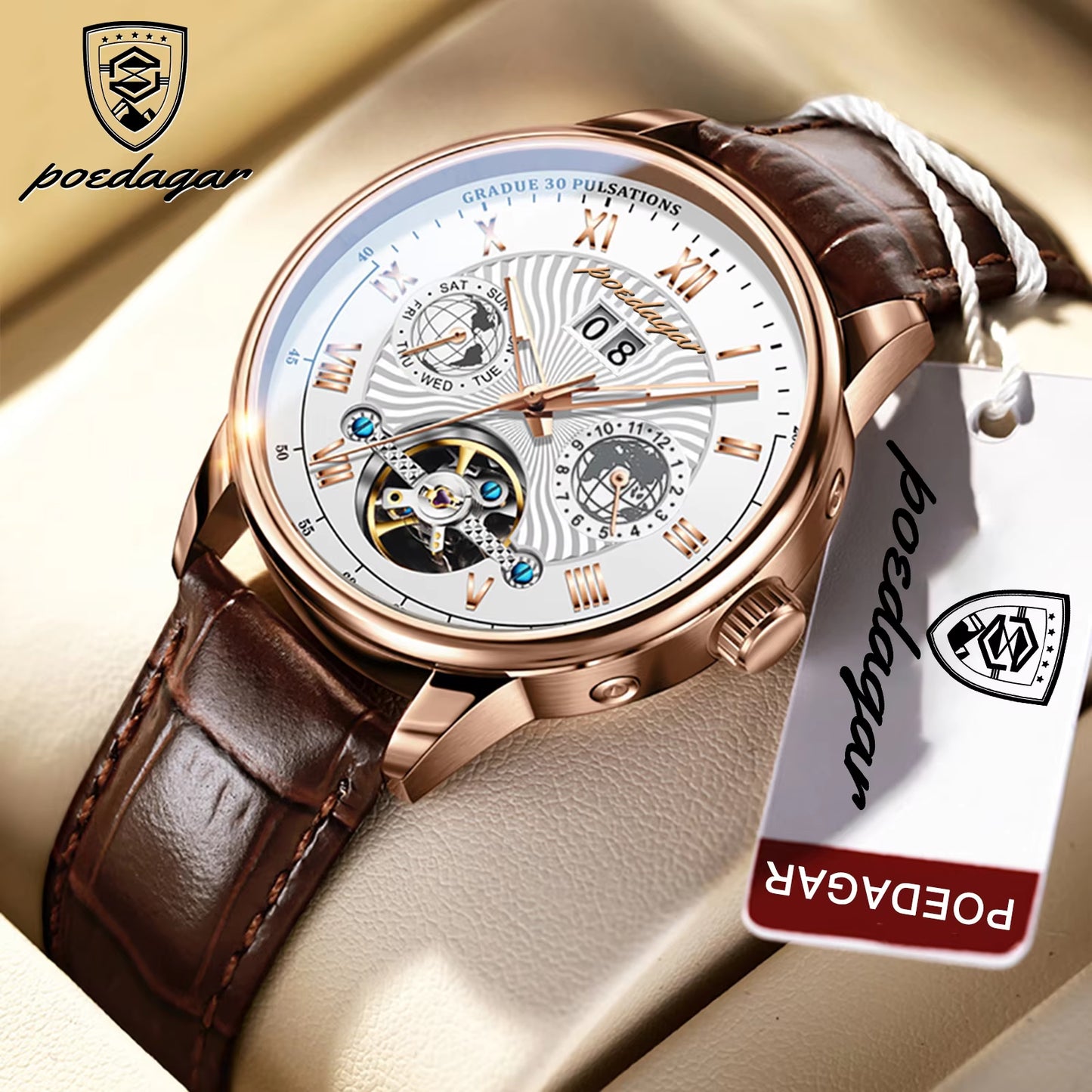 Men’s Luxury Automatic Mechanical Watch – Leather, Waterproof, with Date & Week Display