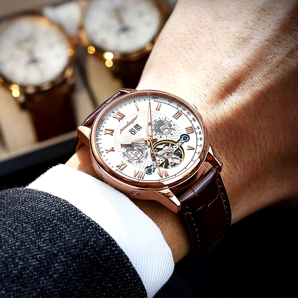 Men’s Luxury Automatic Mechanical Watch – Leather, Waterproof, with Date & Week Display