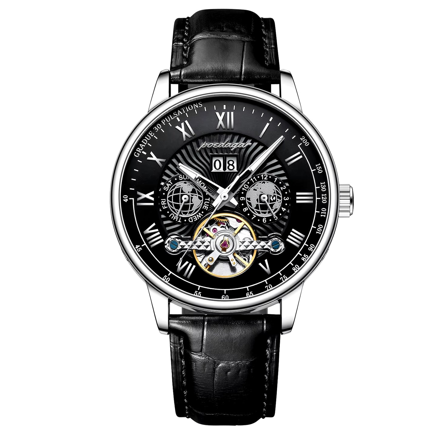 Men’s Luxury Automatic Mechanical Watch – Leather, Waterproof, with Date & Week Display