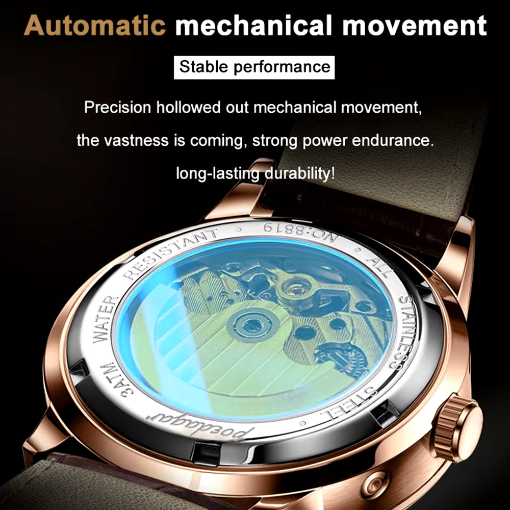 Men’s Luxury Automatic Mechanical Watch – Leather, Waterproof, with Date & Week Display