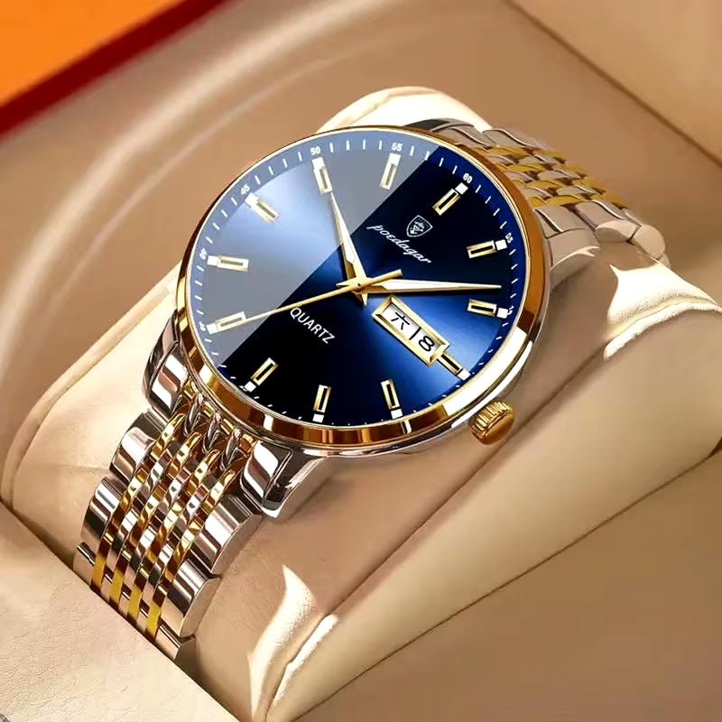 Men's Luxury Stainless Steel Watch – Waterproof, Luminous, with Hidden Clasp and Date & Week Display
