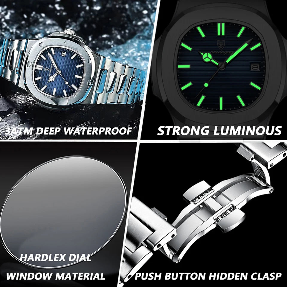 Men’s Luxury Square Quartz Watch - 2024 Model, Waterproof Stainless Steel Design with Luminous Dial and Date Display.