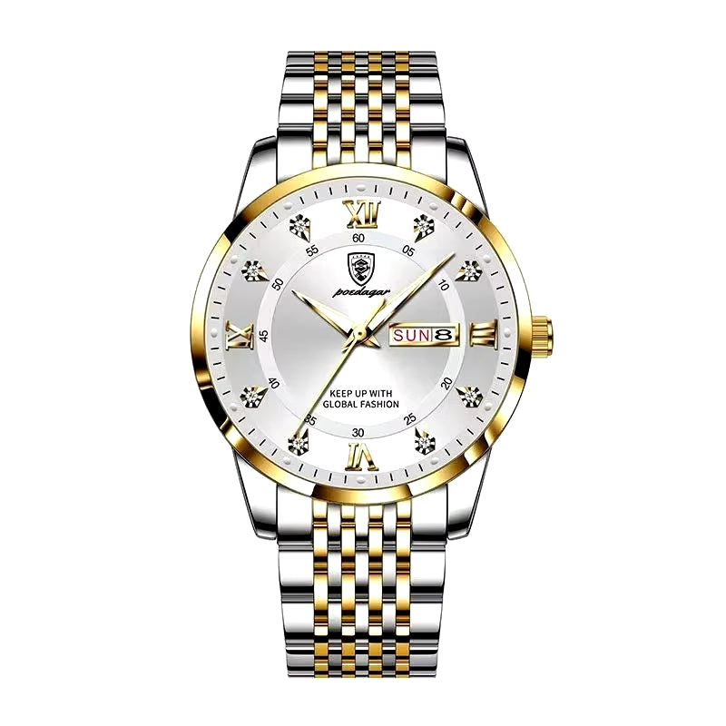 Men's Luxury Stainless Steel Watch – Waterproof, Luminous, with Hidden Clasp and Date & Week Display