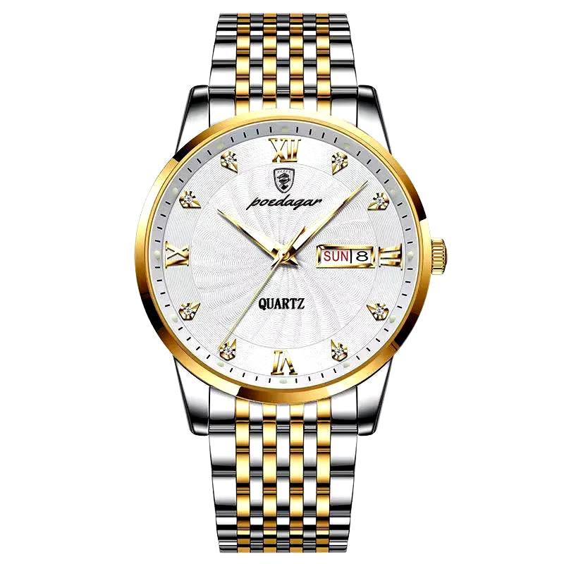 Men's Luxury Stainless Steel Watch – Waterproof, Luminous, with Hidden Clasp and Date & Week Display