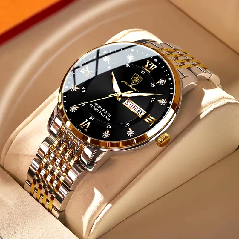 Men's Luxury Stainless Steel Watch – Waterproof, Luminous, with Hidden Clasp and Date & Week Display