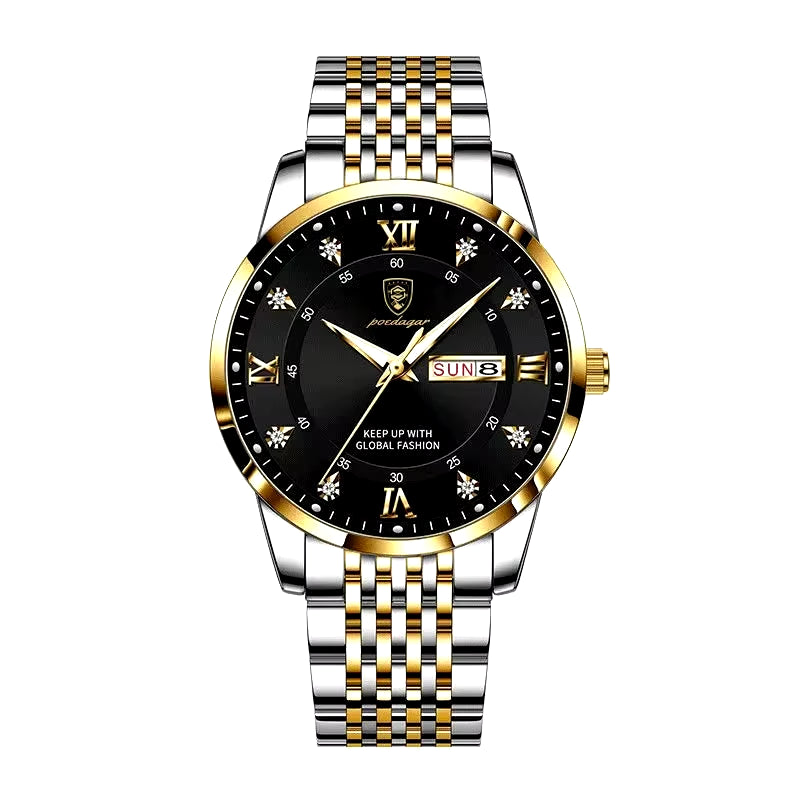 Men's Luxury Stainless Steel Watch – Waterproof, Luminous, with Hidden Clasp and Date & Week Display