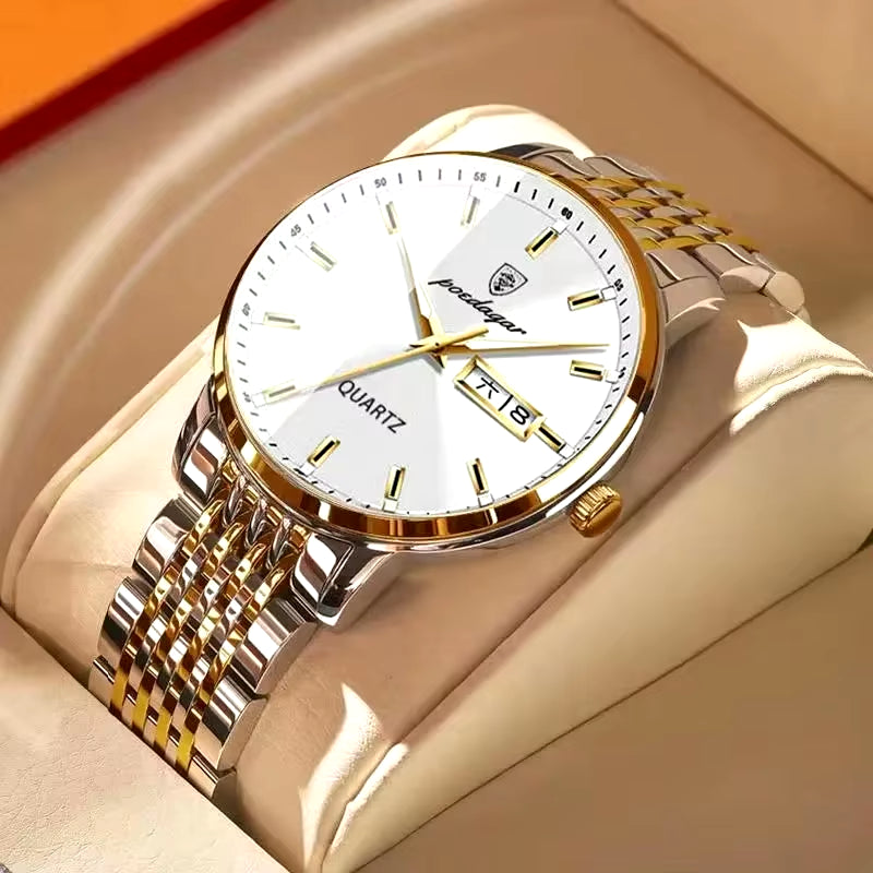 Men's Luxury Stainless Steel Watch – Waterproof, Luminous, with Hidden Clasp and Date & Week Display