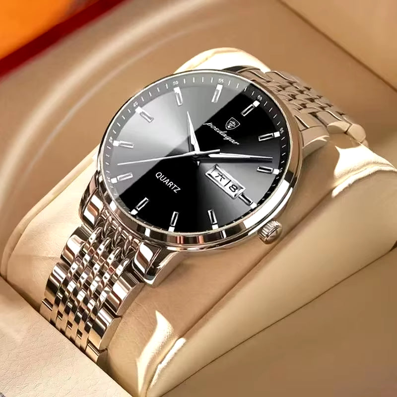 Men's Luxury Stainless Steel Watch – Waterproof, Luminous, with Hidden Clasp and Date & Week Display