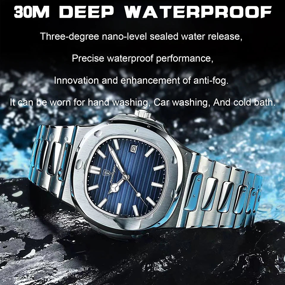 Men’s Luxury Square Quartz Watch - 2024 Model, Waterproof Stainless Steel Design with Luminous Dial and Date Display.