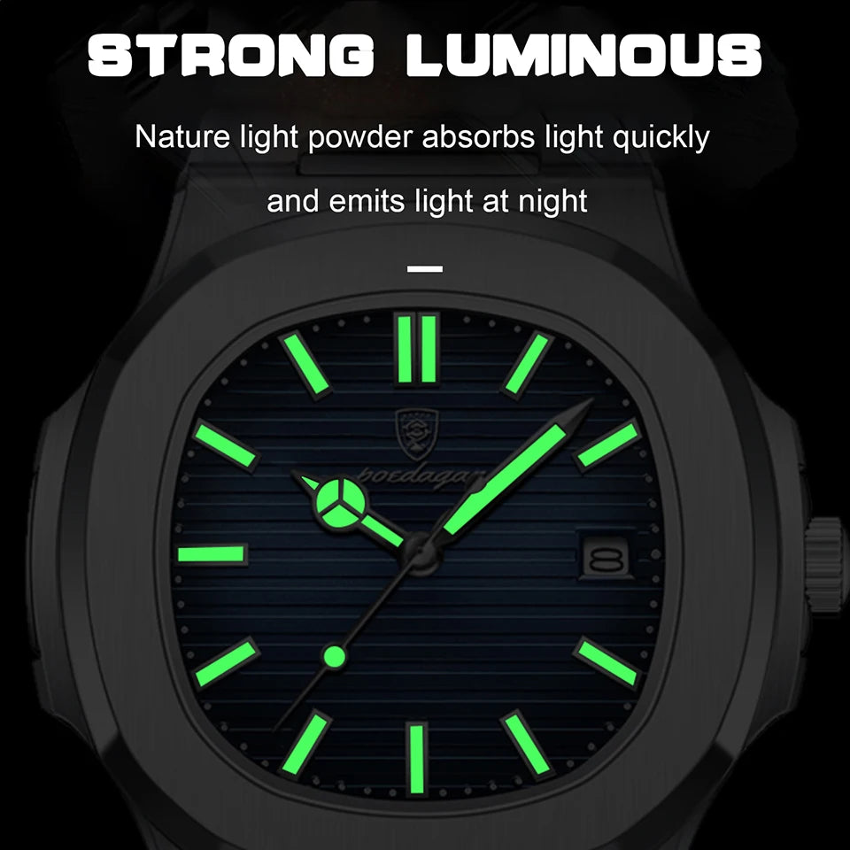 Men’s Luxury Square Quartz Watch - 2024 Model, Waterproof Stainless Steel Design with Luminous Dial and Date Display.