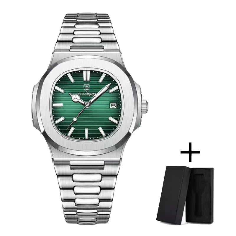 Men’s Luxury Square Quartz Watch - 2024 Model, Waterproof Stainless Steel Design with Luminous Dial and Date Display.