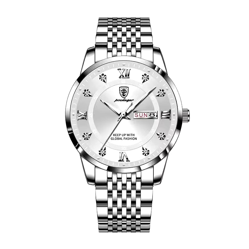 Men's Luxury Stainless Steel Watch – Waterproof, Luminous, with Hidden Clasp and Date & Week Display