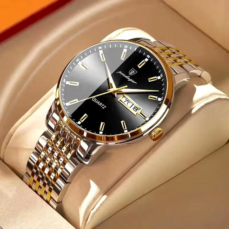 Men's Luxury Stainless Steel Watch – Waterproof, Luminous, with Hidden Clasp and Date & Week Display