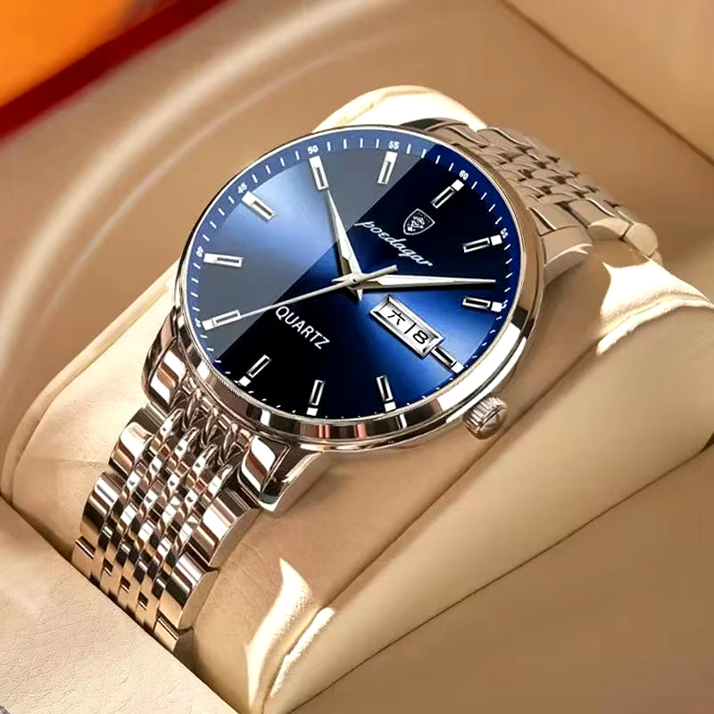 Men's Luxury Stainless Steel Watch – Waterproof, Luminous, with Hidden Clasp and Date & Week Display