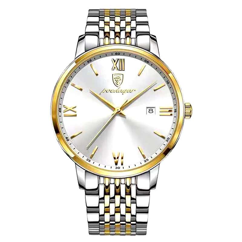 Men's Luxury Stainless Steel Watch – Waterproof, Luminous, with Hidden Clasp and Date & Week Display