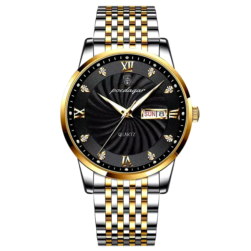 Men's Luxury Stainless Steel Watch – Waterproof, Luminous, with Hidden Clasp and Date & Week Display