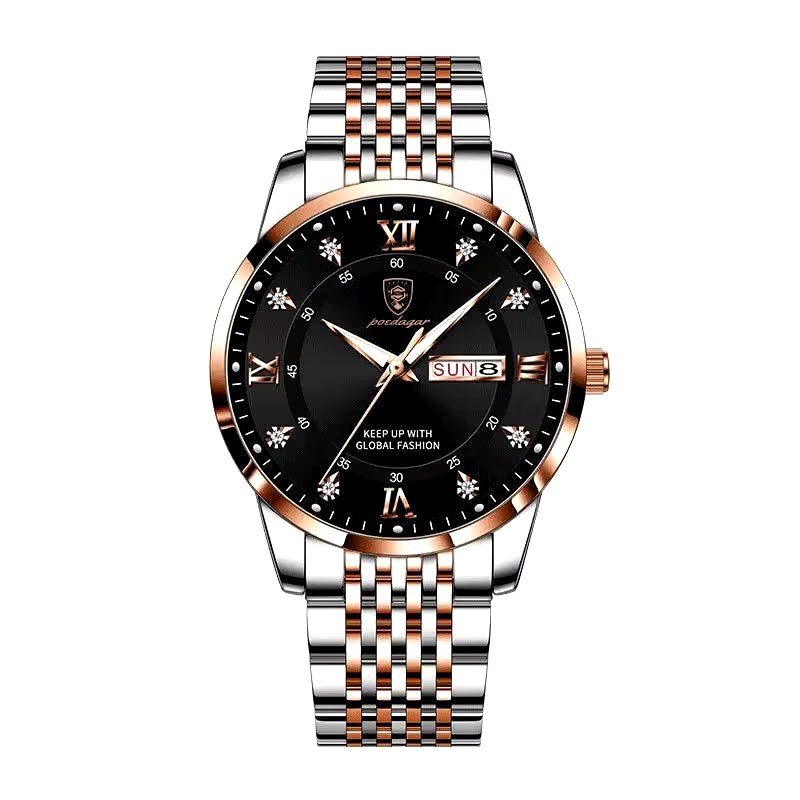 Men's Luxury Stainless Steel Watch – Waterproof, Luminous, with Hidden Clasp and Date & Week Display