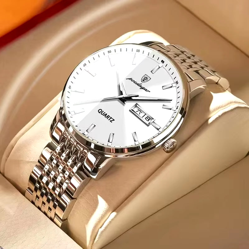 Men's Luxury Stainless Steel Watch – Waterproof, Luminous, with Hidden Clasp and Date & Week Display