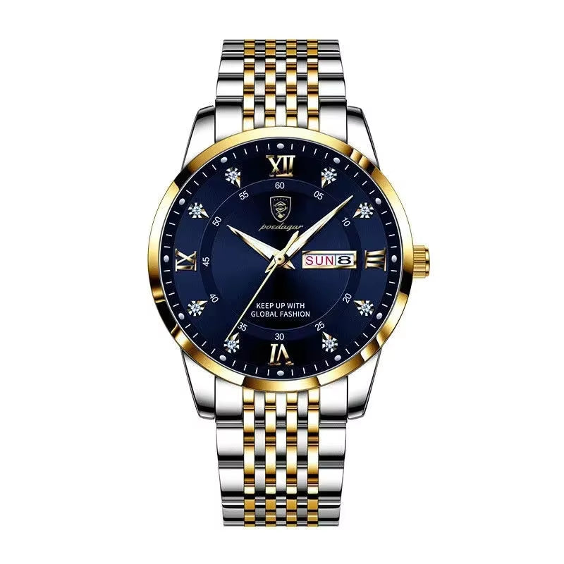 Men's Luxury Stainless Steel Watch – Waterproof, Luminous, with Hidden Clasp and Date & Week Display