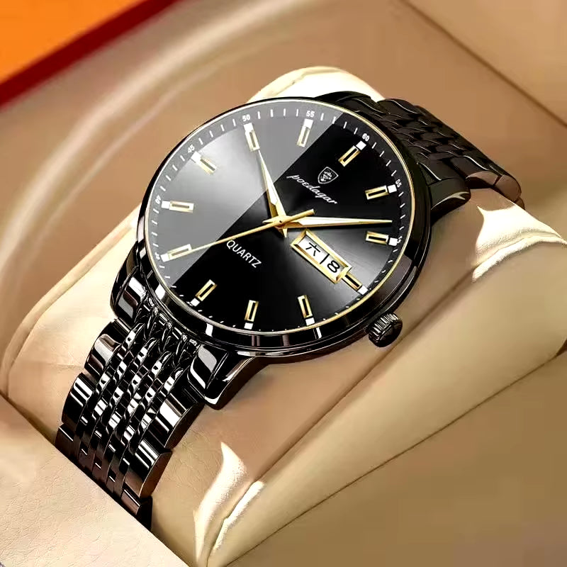 Men's Luxury Stainless Steel Watch – Waterproof, Luminous, with Hidden Clasp and Date & Week Display