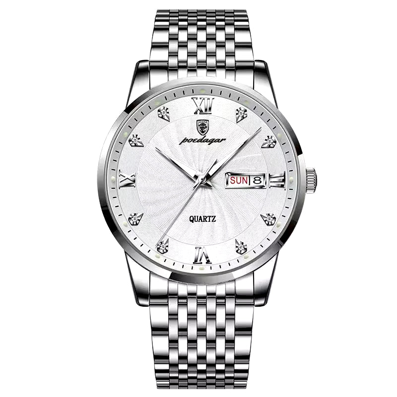 Men's Luxury Stainless Steel Watch – Waterproof, Luminous, with Hidden Clasp and Date & Week Display