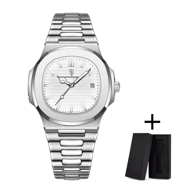 Men’s Luxury Square Quartz Watch - 2024 Model, Waterproof Stainless Steel Design with Luminous Dial and Date Display.