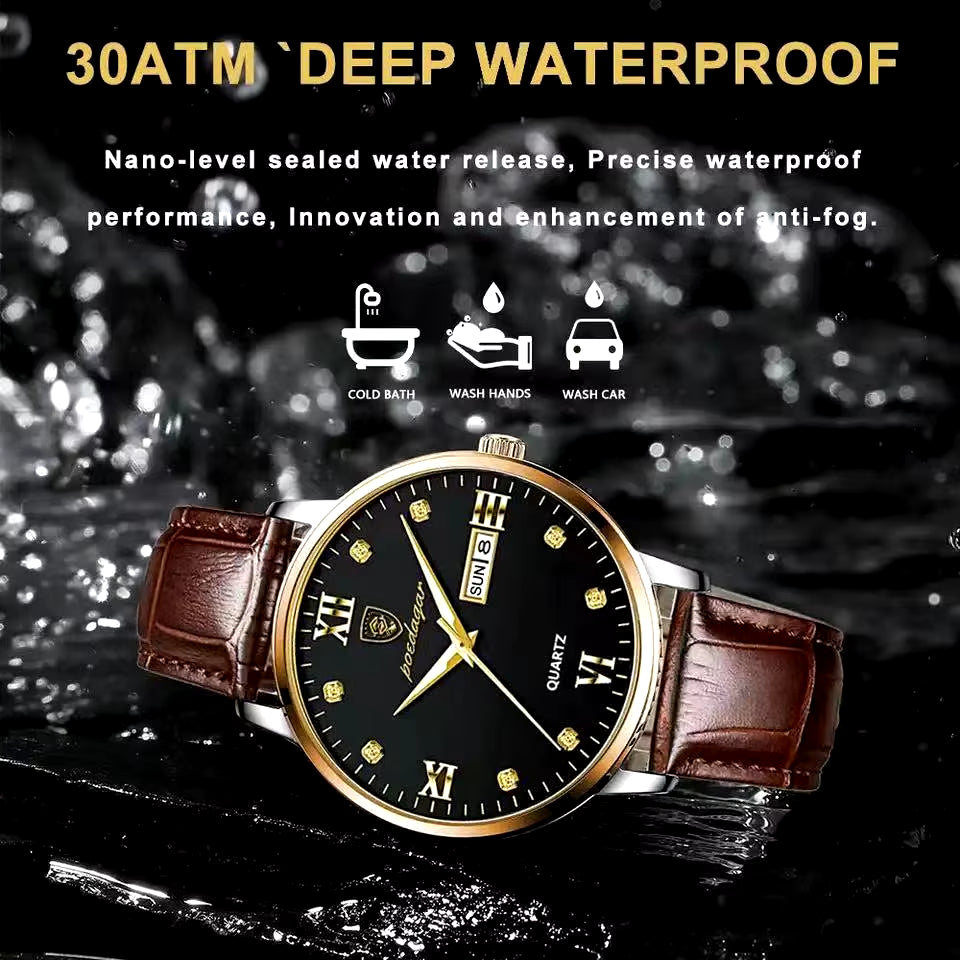 Men's Leather Quartz Watch – Luxury, Waterproof, Sporty Design