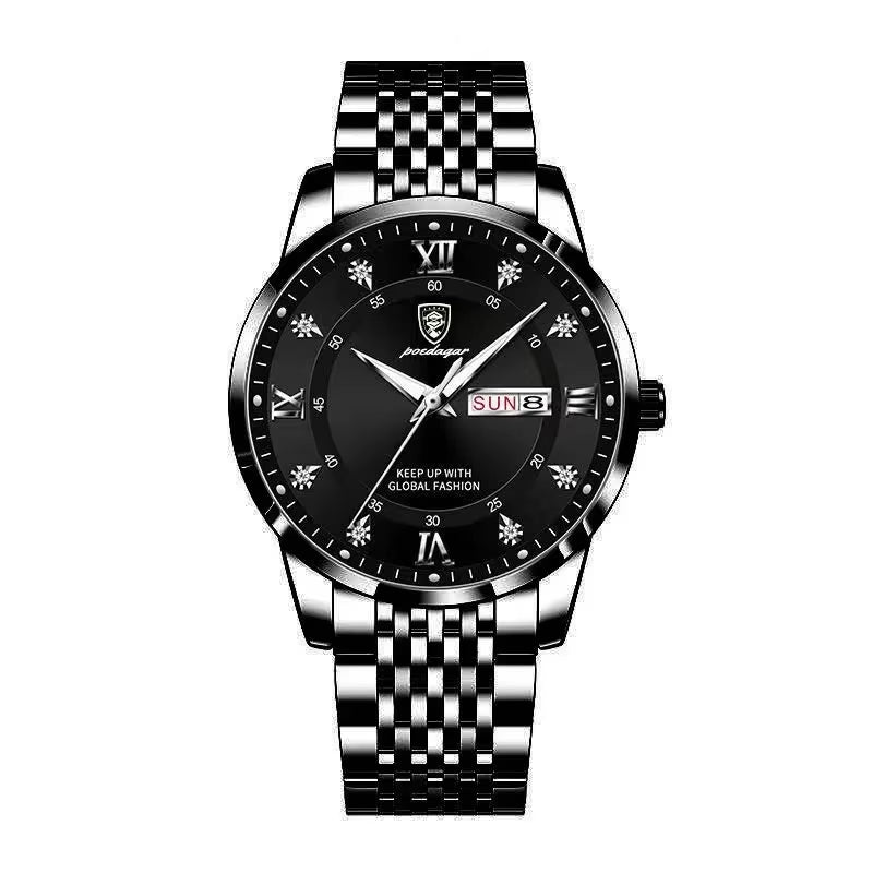 Men's Luxury Stainless Steel Watch – Waterproof, Luminous, with Hidden Clasp and Date & Week Display