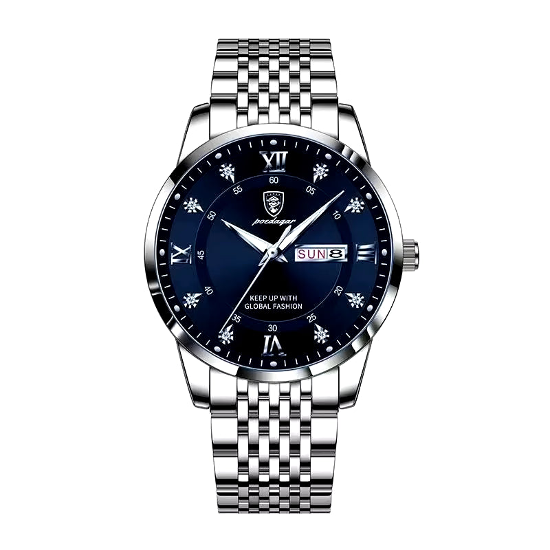 Men's Luxury Stainless Steel Watch – Waterproof, Luminous, with Hidden Clasp and Date & Week Display