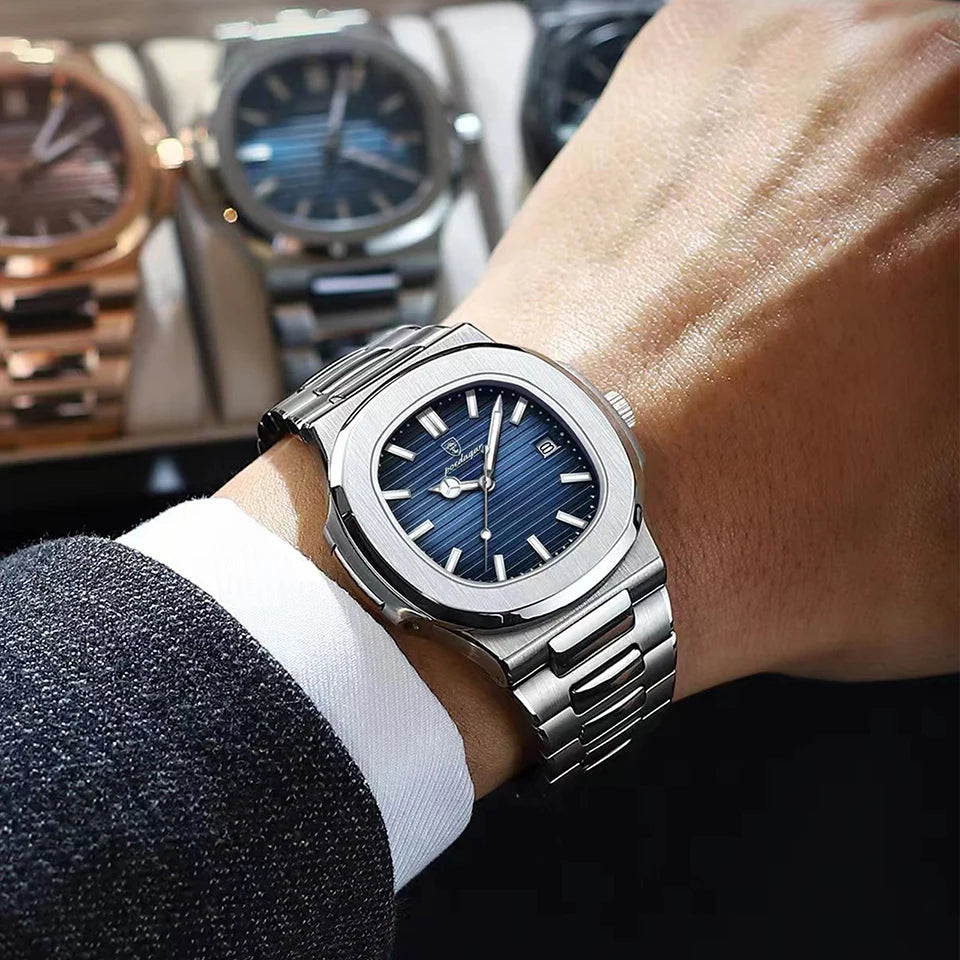 Men’s Luxury Square Quartz Watch - 2024 Model, Waterproof Stainless Steel Design with Luminous Dial and Date Display.