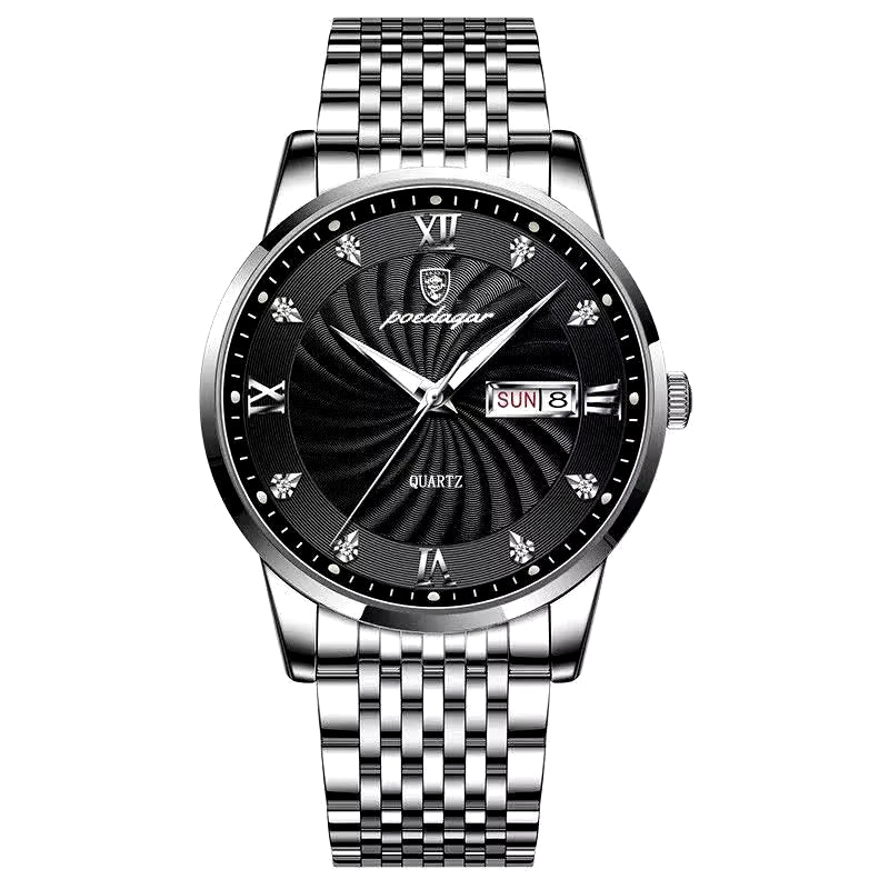 Men's Luxury Stainless Steel Watch – Waterproof, Luminous, with Hidden Clasp and Date & Week Display