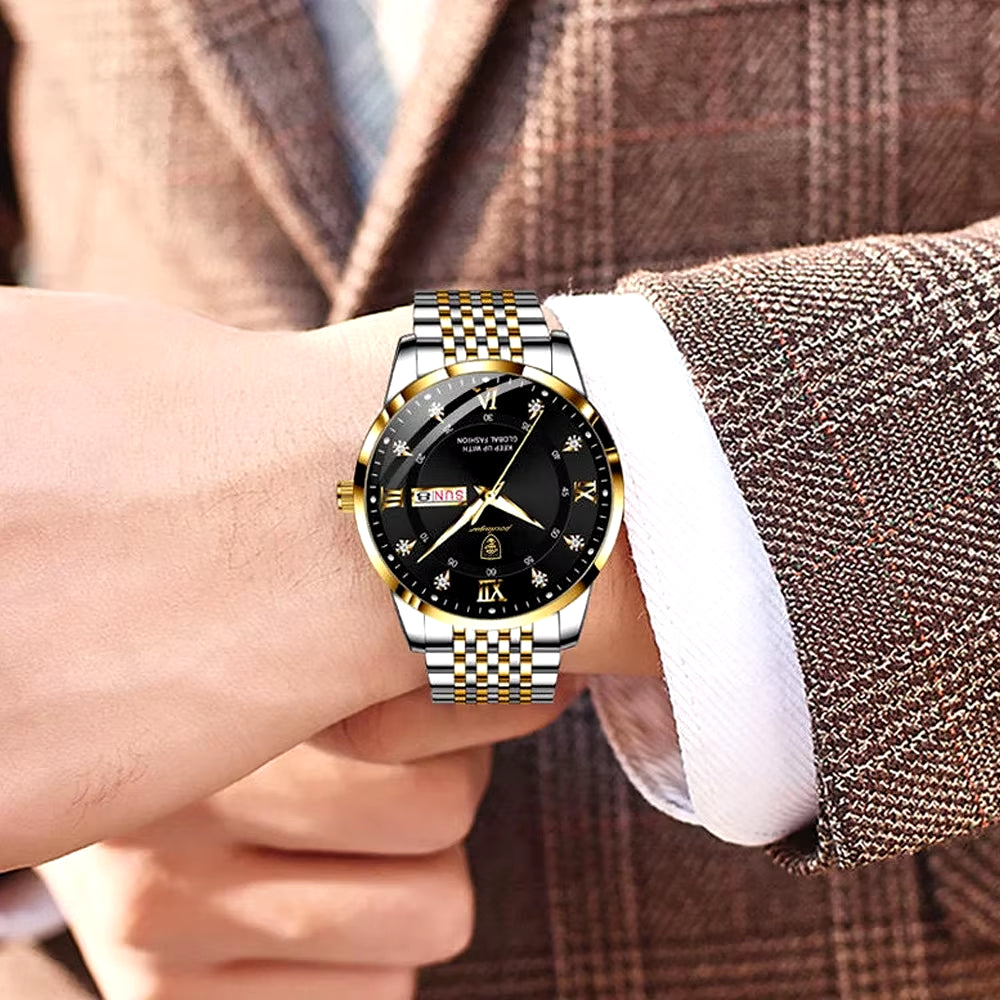 Men's Luxury Stainless Steel Watch – Waterproof, Luminous, with Hidden Clasp and Date & Week Display