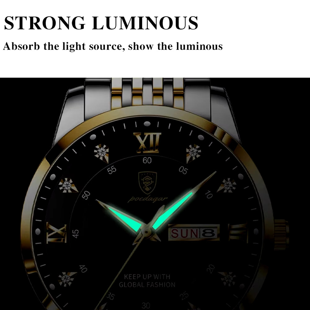 Men's Luxury Stainless Steel Watch – Waterproof, Luminous, with Hidden Clasp and Date & Week Display