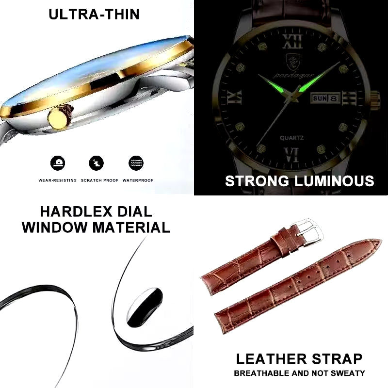 Men's Leather Quartz Watch – Luxury, Waterproof, Sporty Design