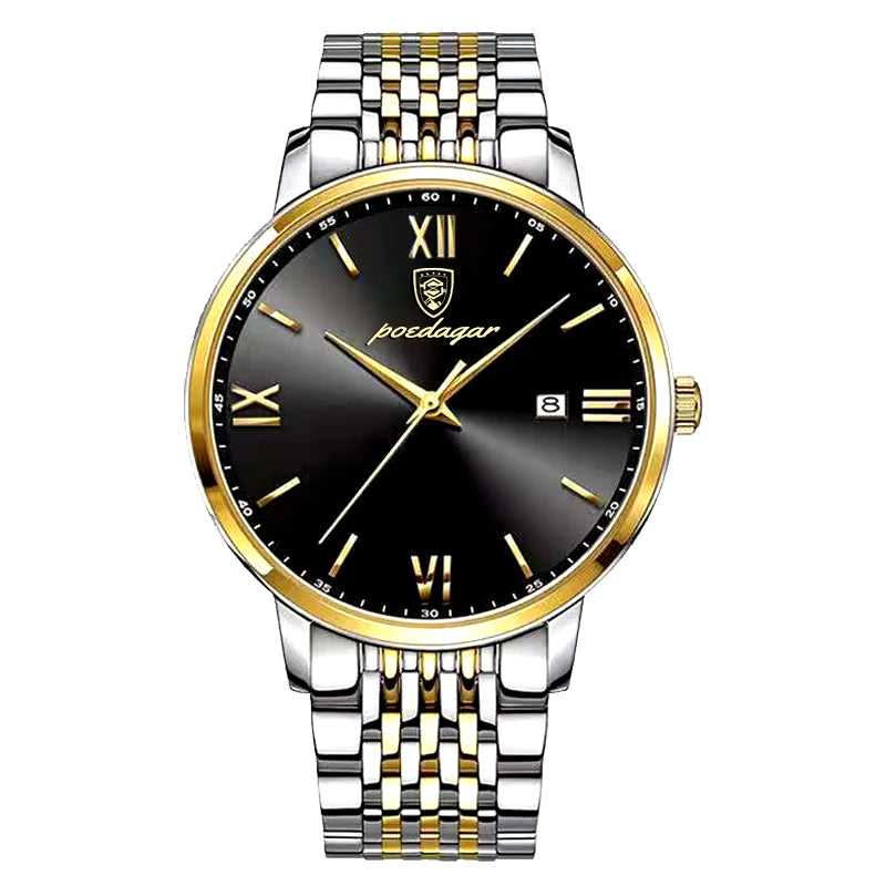 Men's Luxury Stainless Steel Watch – Waterproof, Luminous, with Hidden Clasp and Date & Week Display