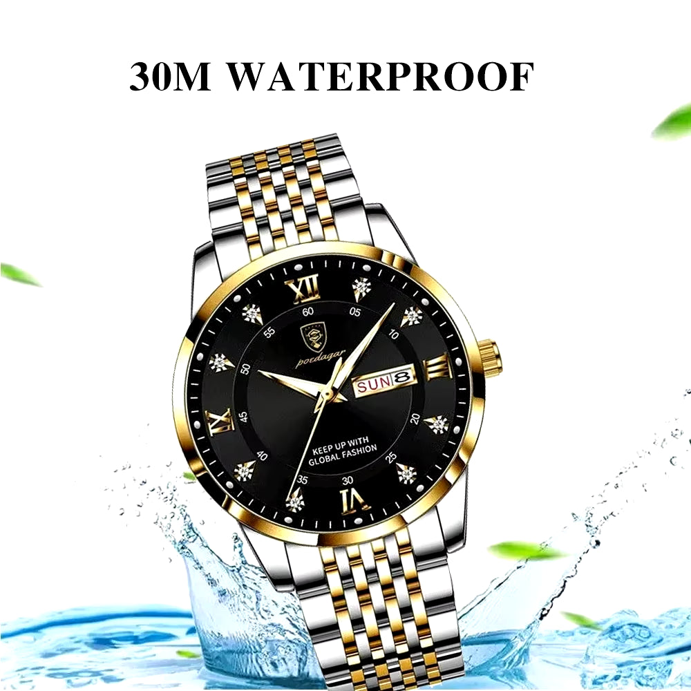 Men's Luxury Stainless Steel Watch – Waterproof, Luminous, with Hidden Clasp and Date & Week Display