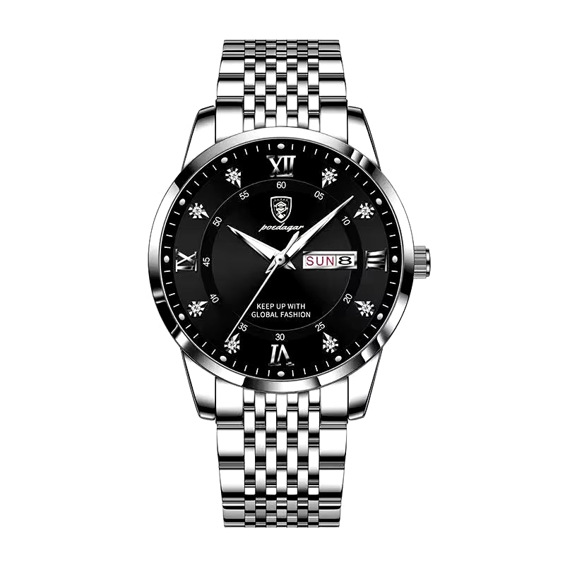 Men's Luxury Stainless Steel Watch – Waterproof, Luminous, with Hidden Clasp and Date & Week Display