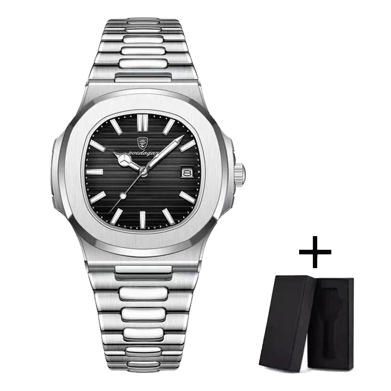 Men’s Luxury Square Quartz Watch - 2024 Model, Waterproof Stainless Steel Design with Luminous Dial and Date Display.